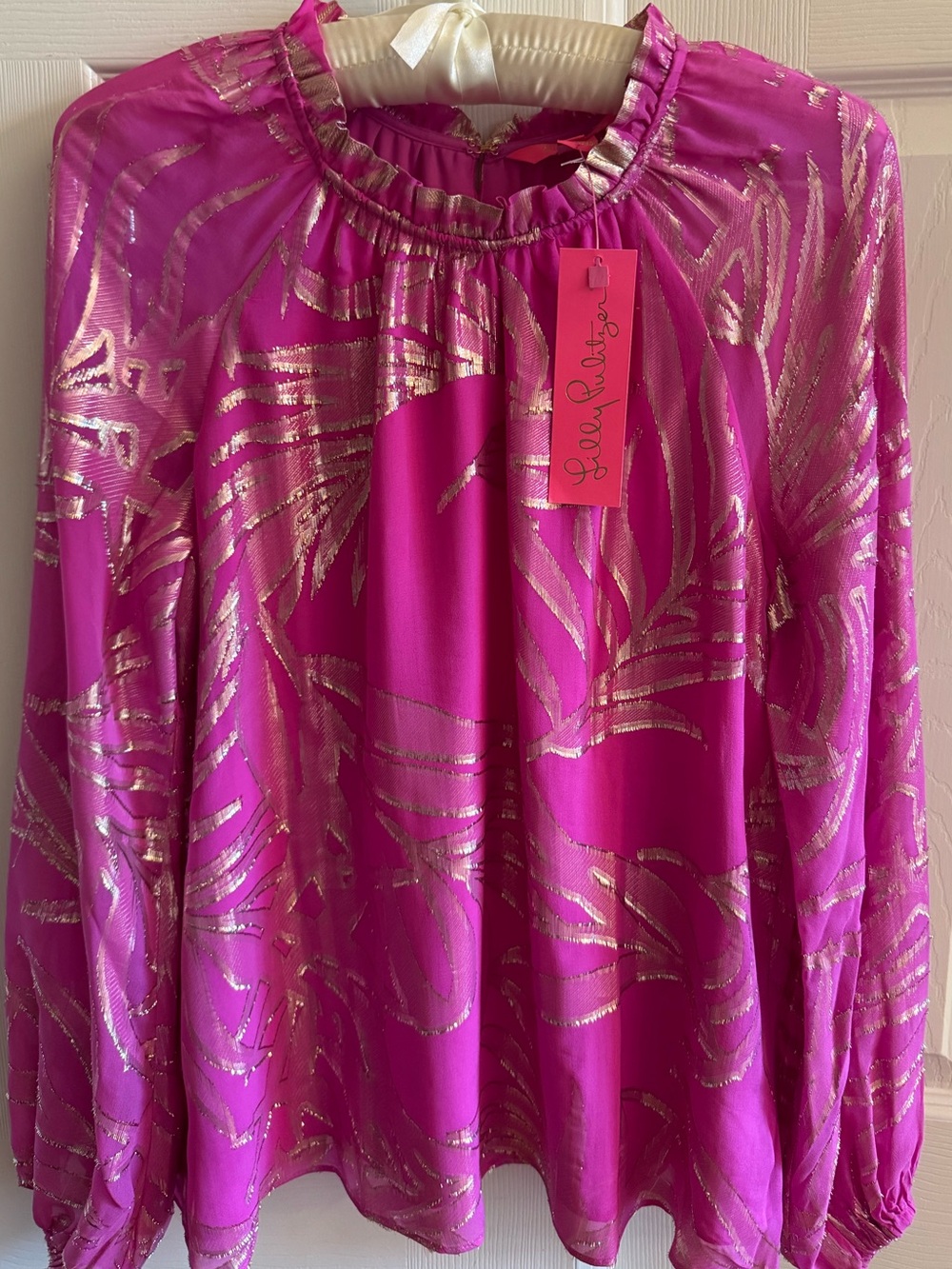 Lilly Pulitzer Fuchsia Silk Palm-Print Blouse with Gold Metallic Accents